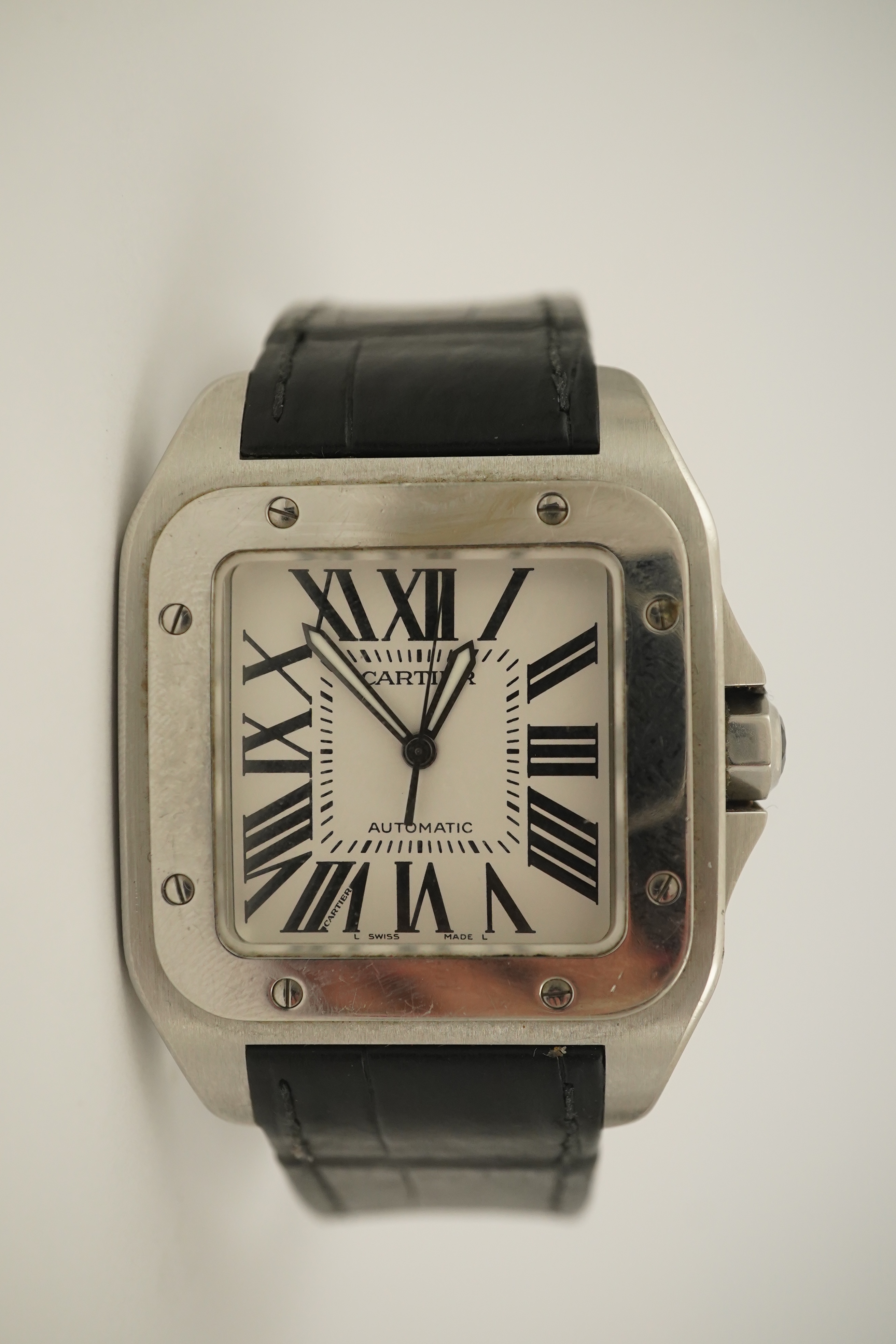 A gentleman's late 20th century stainless steel Cartier Santos 100 automatic wrist watch